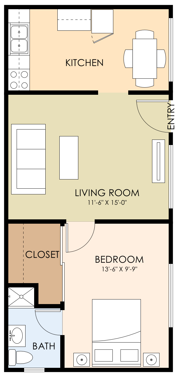 Floor plan for 1 bed, 1 bath, 500 sqft